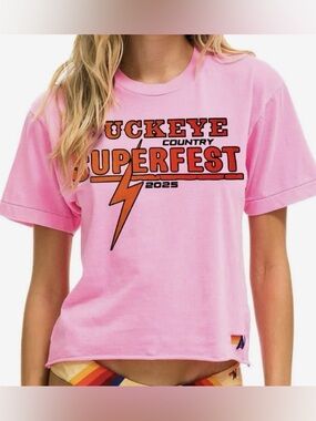 NWT Aviator Nation Buckeye Festival 2025 Boyfriend Cropped Tee Shirt - Neon Pink